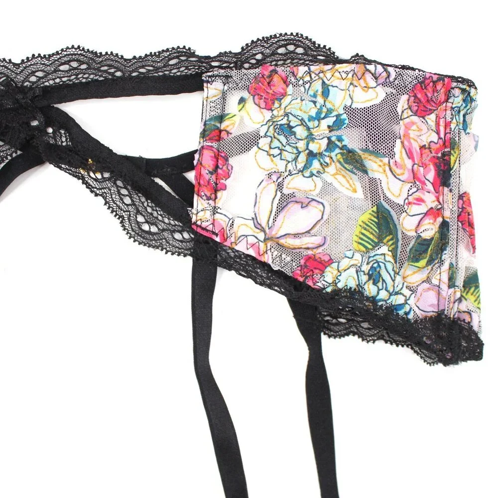 Victoria’s Secret Garter Belt Floral Lace Cutout Sheer Mesh M/L Gold Hardware - Picture 4 of 11